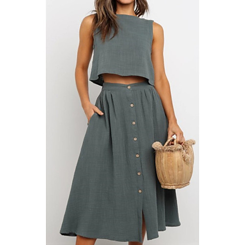 

Women's Two Piece Dress Midi Dress Green Sleeveless Solid Color Summer Round Neck Casual 2021 S M L XL