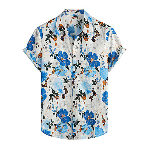 

Men's Shirt Floral Short Sleeve Daily Tops 100% Cotton Basic Boho Light Blue