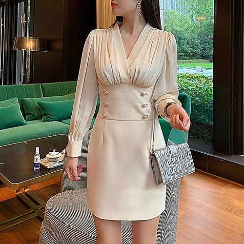 

Sheath / Column Minimalist Elegant Wedding Guest Cocktail Party Dress V Neck Long Sleeve Short / Mini Chiffon with Buttons Pleats 2021