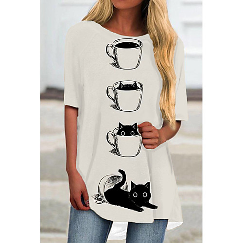 

Women's T Shirt Dress Tee Dress Short Mini Dress Beige Half Sleeve Cat Animal Print Spring Summer Round Neck Casual 2021 S M L XL XXL 3XL