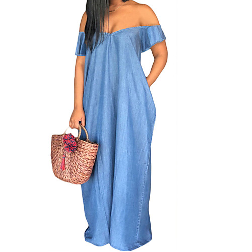 

Women's Denim Dress Maxi long Dress Light Blue Short Sleeve Solid Color Summer Off Shoulder Casual 2021 S M L XL XXL