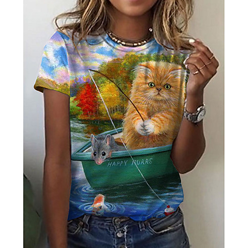 

Women's T shirt Cat Graphic Scenery Print Round Neck Tops Basic Basic Top Green