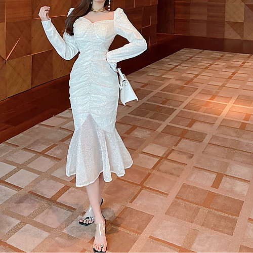 

Sheath / Column Sparkle Sexy Cocktail Party Prom Dress Scoop Neck Long Sleeve Tea Length Sequined with Ruched Ruffles 2021