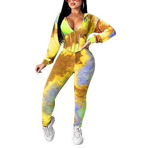 

2 piece outfits for women sweatpants long sleeve hoodie tracksuit crop top jumpsuit sexy fall jogger wear yellow-m