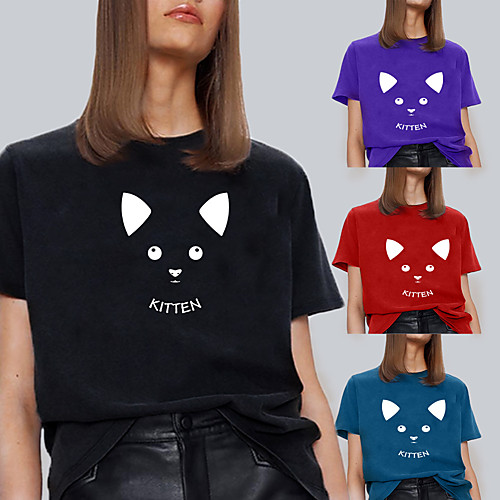 

Women's Tee / T-shirt Pure Color Crew Neck Cat Letter Printed Sport Athleisure T Shirt Top Short Sleeves Breathable Soft Comfortable Everyday Use Street Casual Daily Outdoor