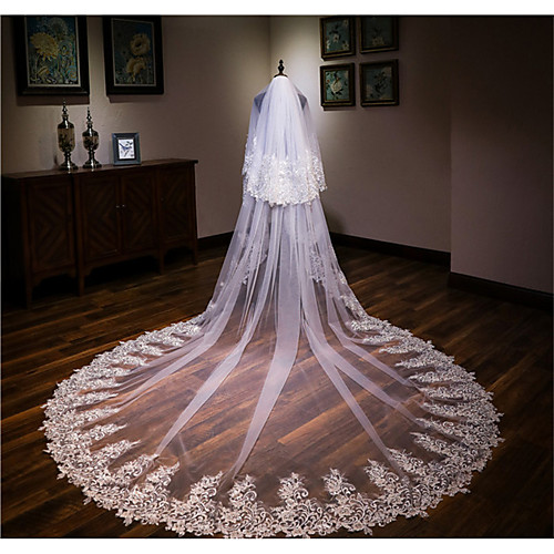 

Two-tier Flower Style / Lace Wedding Veil Chapel Veils / Cathedral Veils with Solid / Trim 137.8 in (350cm) Lace / Tulle