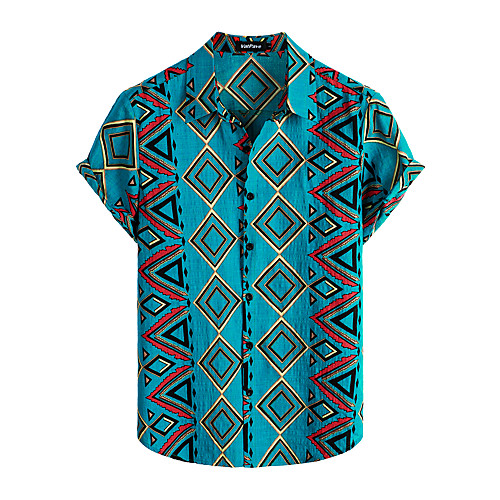 

Men's Shirt Tribal Short Sleeve Daily Tops Cotton Basic Boho Royal Blue