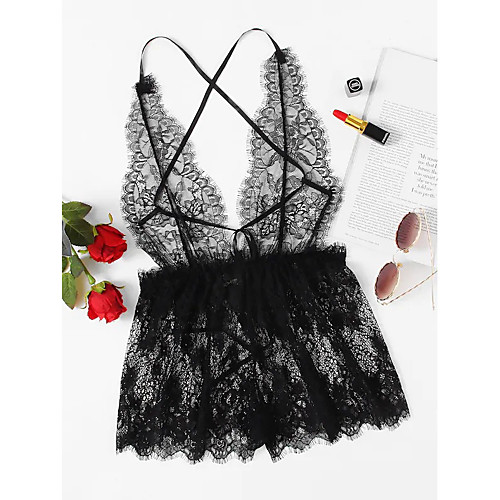 

Women's Layered Hole Uniforms & Cheongsams Nightwear Solid Colored Embroidered Bra Black XS S M