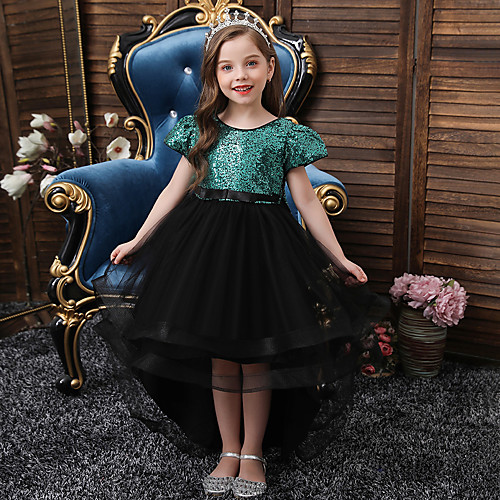 

Princess Asymmetrical Wedding / Event / Party Flower Girl Dresses - Tulle / Sequined Short Sleeve Jewel Neck with Bow(s) / Solid / Splicing