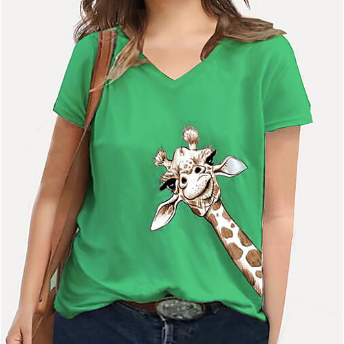 

Women's Plus Size Print Graphic Giraffe Animal T shirt Large Size V Neck Short Sleeve Tops XL XXL 3XL White Blue Yellow Big Size / 100% Cotton