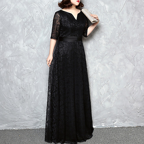 

A-Line Minimalist Plus Size Wedding Guest Formal Evening Dress V Neck Half Sleeve Floor Length Lace with Sash / Ribbon 2021