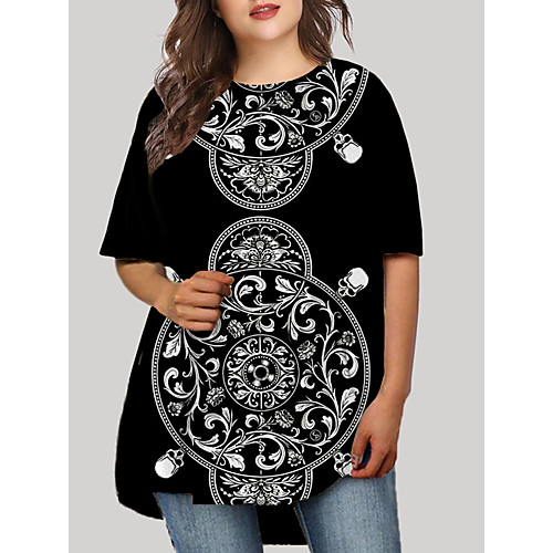 

Women's Plus Size Graphic Floral Print Casual Half Sleeve Fall Short Mini Dress T Shirt Dress Tee Dress Black Green