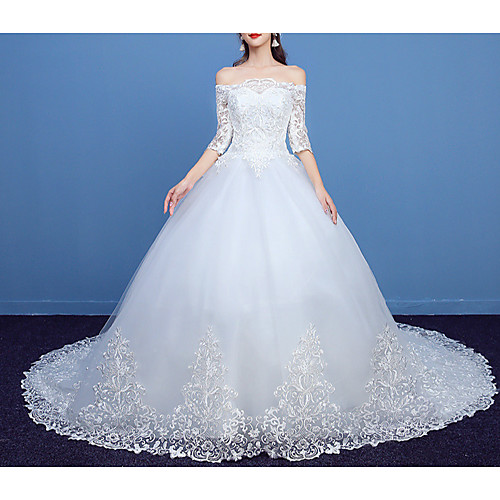 

Princess Ball Gown Wedding Dresses Off Shoulder Court Train Lace Tulle Half Sleeve Formal Romantic with Appliques 2021