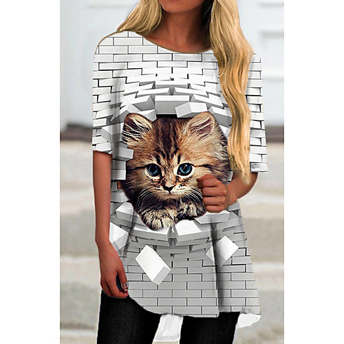 

Women's T Shirt Dress Tee Dress Short Mini Dress White Half Sleeve Cat Animal Print Spring Summer Round Neck Casual 2021 S M L XL XXL 3XL