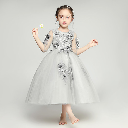 

Princess / Ball Gown Tea Length Wedding / Party Flower Girl Dresses - Tulle 3/4 Length Sleeve Jewel Neck with Pleats / Beading / Appliques