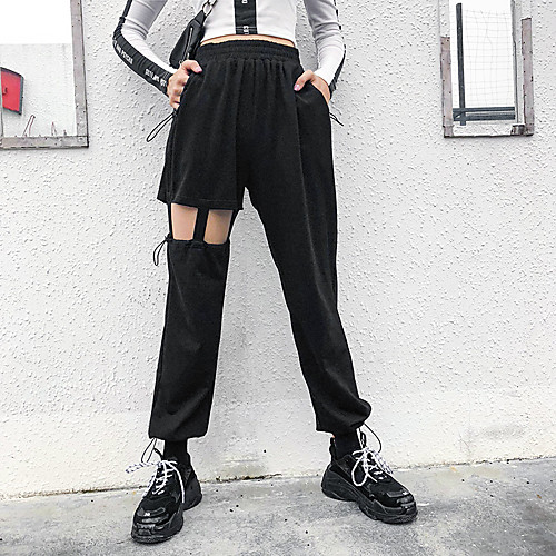 

Women's Hip-Hop Streetwear Comfort Casual Weekend Tactical Cargo Pants Plain Full Length Cut Out Pocket Black