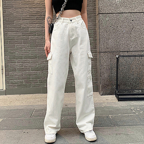 

Women's Stylish Streetwear Comfort Casual Daily Tactical Cargo Pants Plain Full Length White Black Blue
