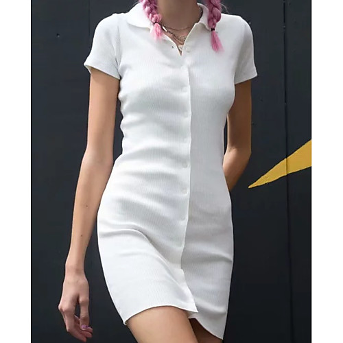 

Women's Sweater Jumper Dress Short Mini Dress White Black khaki Green Short Sleeve Solid Color Summer Shirt Collar Casual Cotton 2021 S M