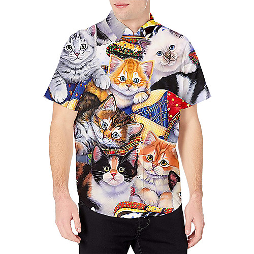 

Men's Shirt 3D Print Cat Graphic Prints Animal Print Short Sleeve Daily Tops Basic Casual Rainbow