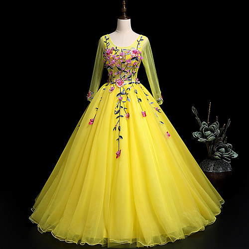 

Ball Gown Elegant Floral Prom Formal Evening Dress Scoop Neck Long Sleeve Floor Length Tulle with Pleats Appliques 2021