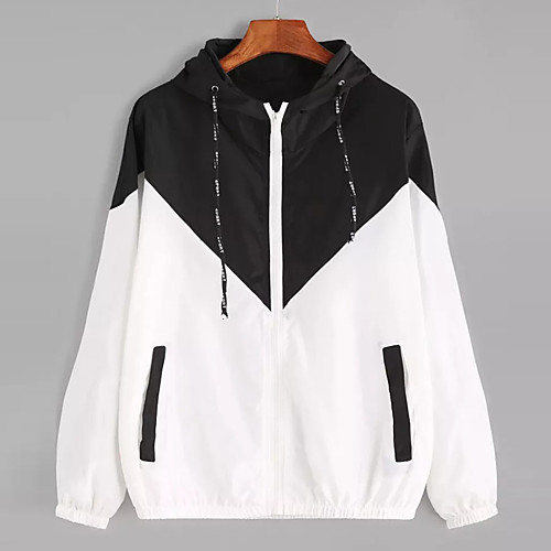 

Women's Color Block Drawstring Streetwear Spring & Fall Jacket Regular Sports Long Sleeve Cotton Blend Coat Tops Black