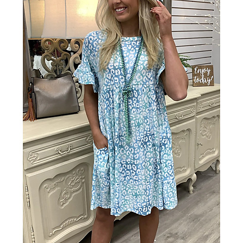

Women's Shift Dress Midi Dress Blue Blushing Pink Short Sleeve Print Holiday Print Spring Summer Round Neck Casual Flare Cuff Sleeve 2021 S M L XL XXL