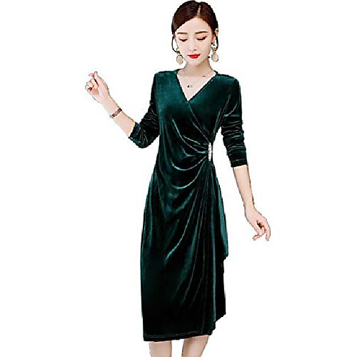 

trtro party dress velvet v neck long sleeve irregular skirt hemlines (green, l)