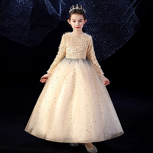 

Princess / Ball Gown Jewel Neck Floor Length Tulle / Sequined Junior Bridesmaid Dress with Pleats