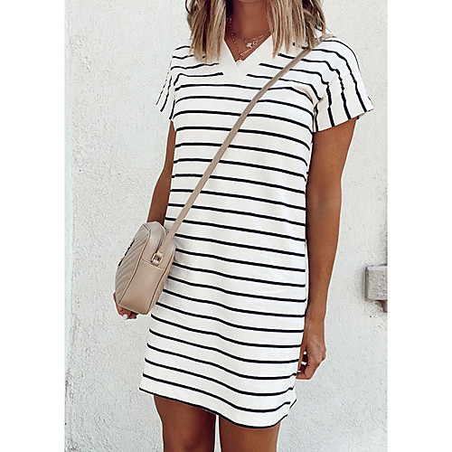 

Women's Sheath Dress Short Mini Dress White Short Sleeve Striped Summer V Neck Sexy 2021 S M L XL