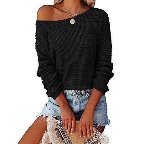 

womens long sleeve waffle knit tops crew neck oversized one shoulder sweater pullover black l