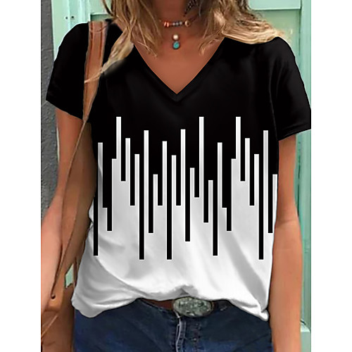 

Women's T shirt Striped Color Block Print V Neck Tops Basic Basic Top Black