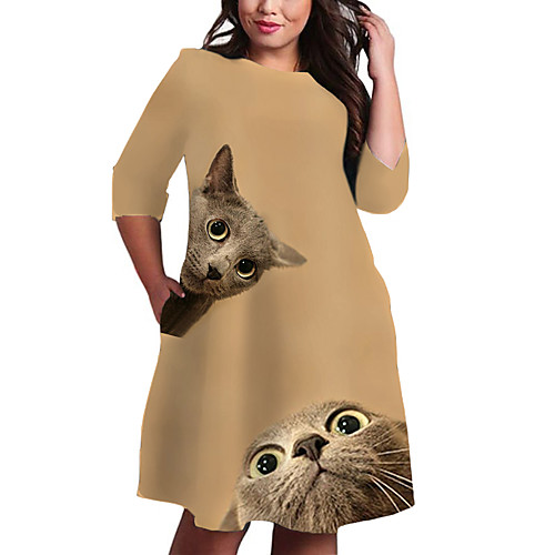 

Women's Plus Size Cat Graphic Animal Print Casual 3/4 Length Sleeve Fall Knee Length Dress Shift Dress Gold