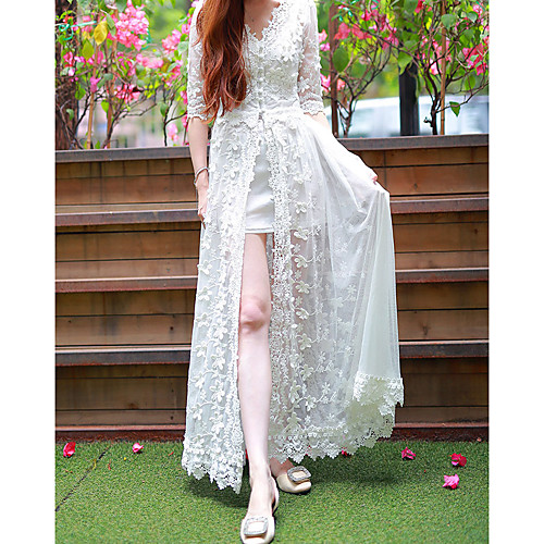 

A-Line Maxi Bohemian Holiday Prom Dress V Neck Half Sleeve Ankle Length Lace with Overskirt Lace Insert 2021