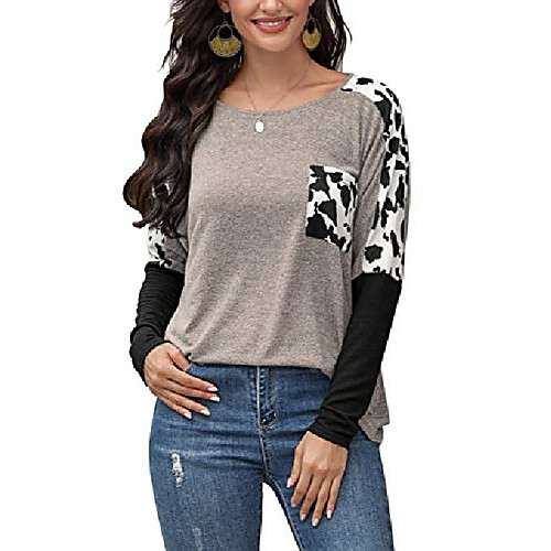 

women's leopard print long sleeve tops round neck color block shirts with pockets grey xl