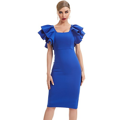 

Sheath / Column Elegant bodycon Wedding Guest Engagement Dress Scoop Neck Short Sleeve Knee Length Spandex with Ruffles 2021