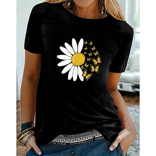 

Women's Going out Daisy T shirt Graphic Butterfly Daisy Print Round Neck Basic Tops 100% Cotton Black