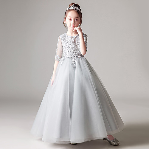 

Princess / Ball Gown Jewel Neck Floor Length Tulle Junior Bridesmaid Dress with Pleats / Appliques