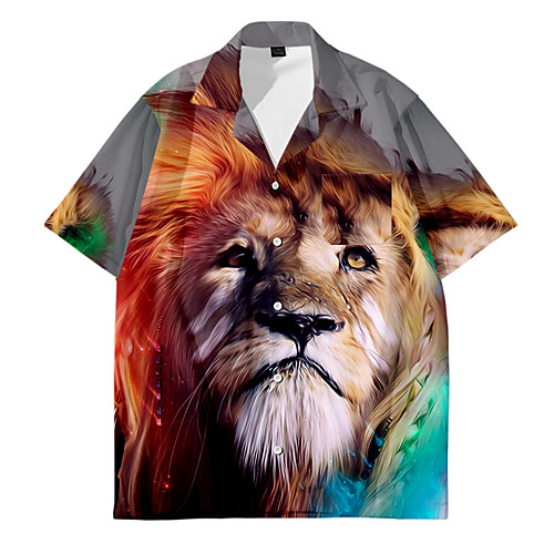 

Men's Shirt 3D Print Lion Animal Button-Down 3D Print Short Sleeve Casual Tops Casual Fashion Breathable Comfortable Rainbow