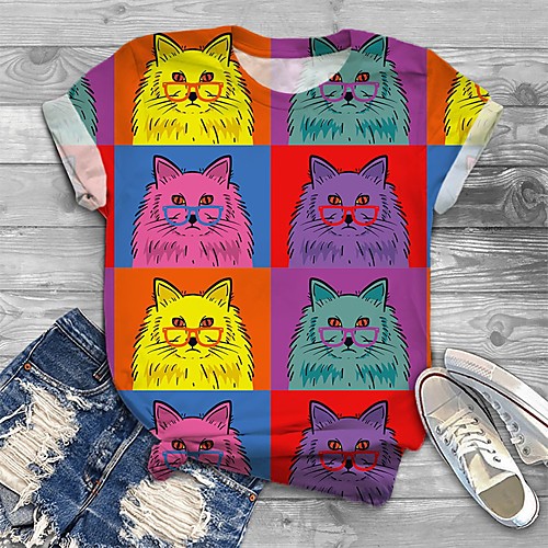 

Women's Plus Size Print Cat Graphic Animal T shirt Large Size Crewneck Short Sleeve Tops XL XXL 3XL Red Big Size