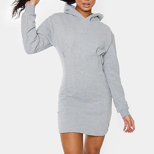 

Women's Sports Dress Short Mini Dress Light Gray Long Sleeve Solid Color Patchwork Fall Summer Hooded Elegant Casual Cotton 2021 S M L