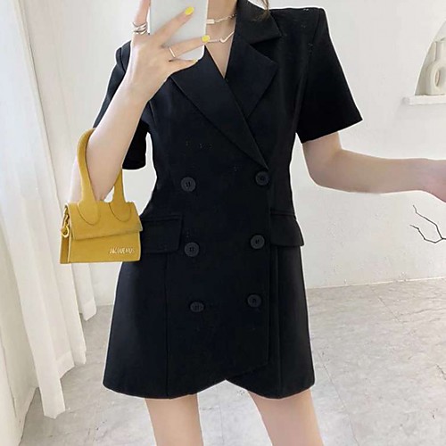 

A-Line Little Black Dress Minimalist Homecoming Cocktail Party Dress Notch lapel collar Short Sleeve Short / Mini Stretch Fabric with Buttons 2021
