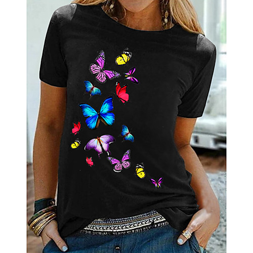 

Women's T shirt Graphic Butterfly Print Round Neck Tops 100% Cotton Basic Basic Top Black