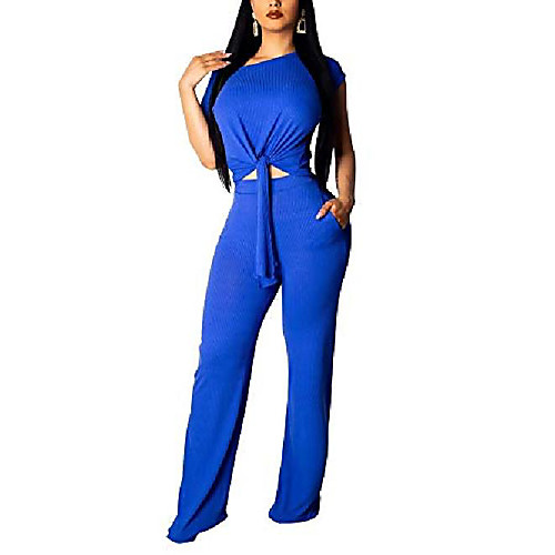 

women sexy casual 2 piece outfits ribbed jumpsuits short sleeve crop tops and bodycon wide leg long pants rompers set jumpsuits clubwear blue xxl