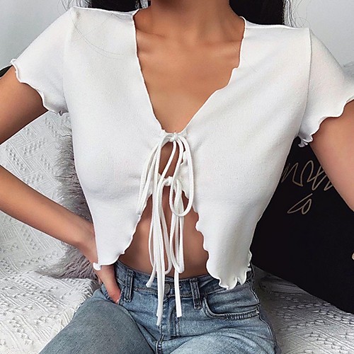

Women's Knitted Solid Color Vest Short Sleeves Sweater Cardigans V Neck Fall Winter White