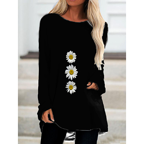 

Women's T Shirt Dress Tee Dress Short Mini Dress Black Yellow Beige Long Sleeve Floral Print Spring Summer Round Neck Casual 2021 S M L XL XXL 3XL