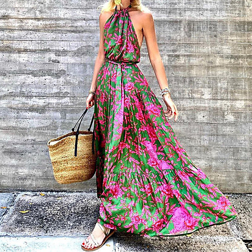 

Women's Swing Dress Maxi long Dress Red Sleeveless Floral Tassel Fringe Print Spring Summer Halter Neck Sexy Boho 2021 S M L XL