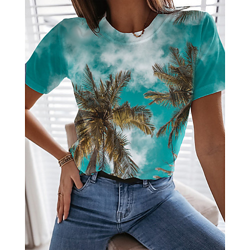 

Women's T shirt Graphic Scenery 3D Print Round Neck Tops Basic Beach Basic Top Blue Yellow Green