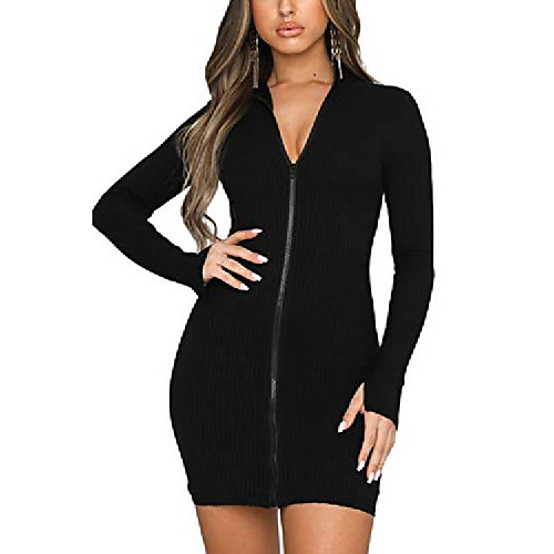 

haloon waffle knit high neck long sleeve zip front bodycon mini dress for women black l