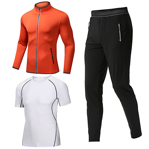 

Men's Tracksuit Athleisure Long Sleeve 3pcs Front Zipper Elastane Breathable Moisture Wicking Sweat Out Fitness Jogging Sportswear Solid Colored Normal Outfit Set Jacket OrangeWhite Black / Orange