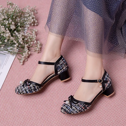 

Women's Heels Chunky Heel Round Toe PU Synthetics Bowknot Imitation Pearl Camouflage Black Pink Beige